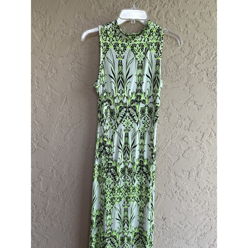 New Mode Women’s  Lime Green Black Floral Long Dress 2 Front Slits Medium Tie